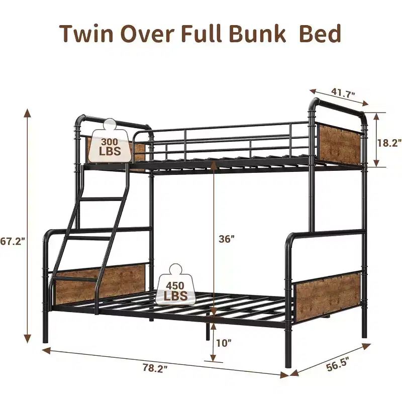 Double bunk bed frame, heavy-duty frame, with angled ladder and safety railings, space-saving design, single upper bunk and double lower bunk.