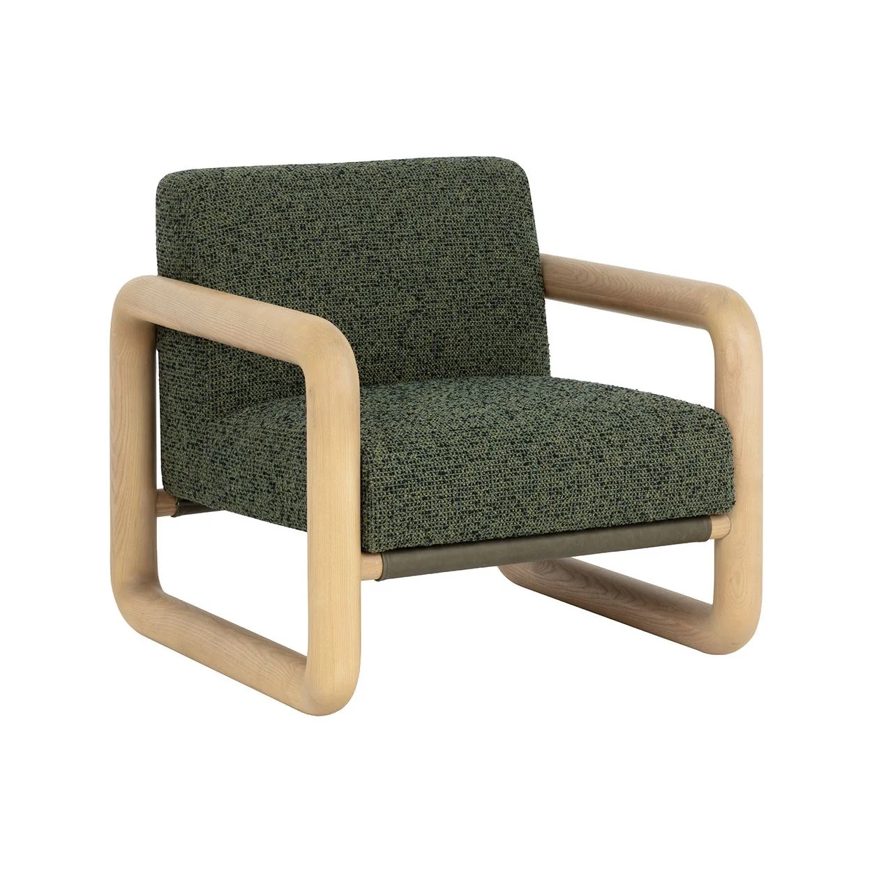Modern Ash Wood & Leather Lounge Chair with Olive Panel Back for Living Room