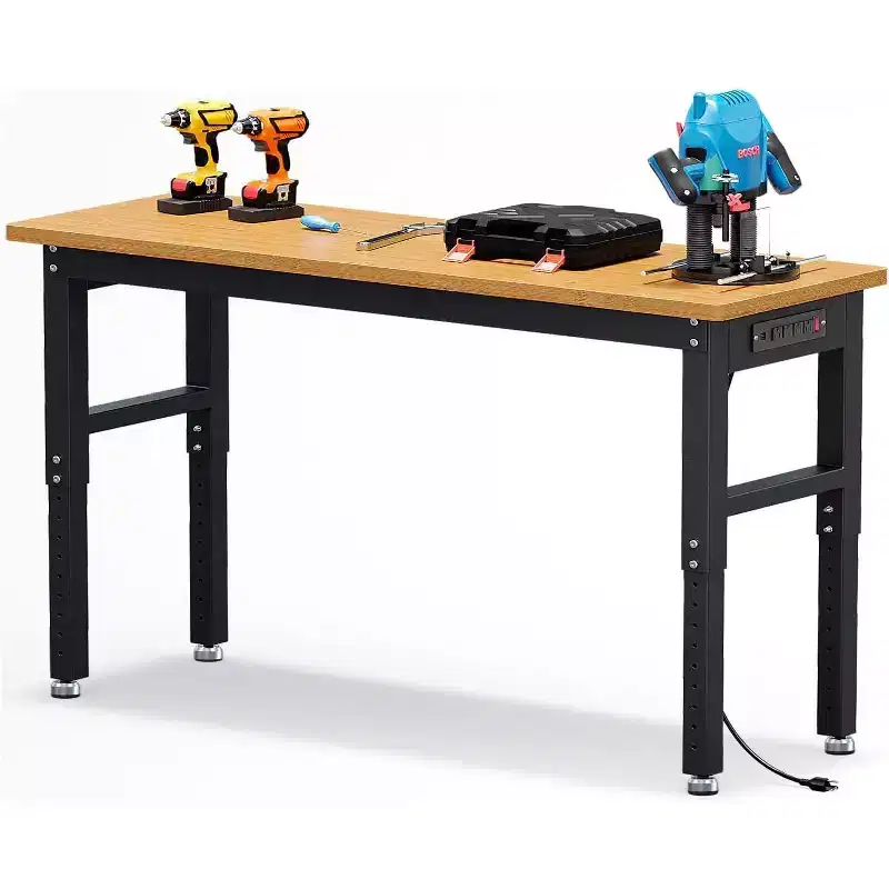 Acekool 60 Adjustable Height Garage Workbench with Solid Wood Top, 2200 lbs Capacity, Power Outlets & Non-Slip Feet, Heavy Duty