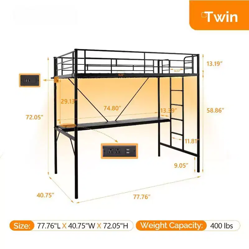 Karl Home Twin Loft Bed with Desk, Metal Bunk Bed Frame with LED Light and 2 Charging Station, with Ladder for Adults, Black