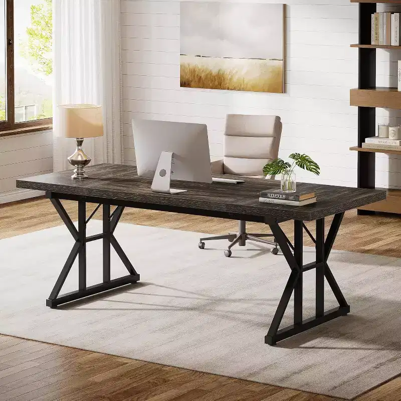 Lantine 70.86-Inch Large Executive Desk, Industrial Home Office Computer Desk, Simple Long Writing Study Table Business Furniture (Oak/Black)