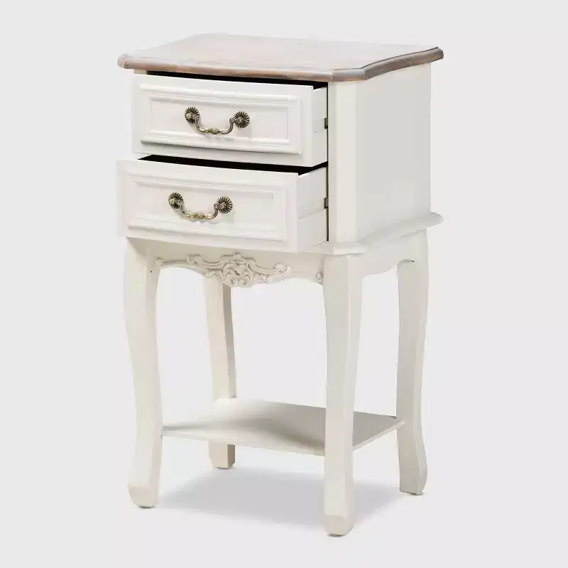 Amalie 2 Drawer Wood Nightstand White/Oak - Baxton Studio: French Provincial Style, Brass Handles, Open Shelf