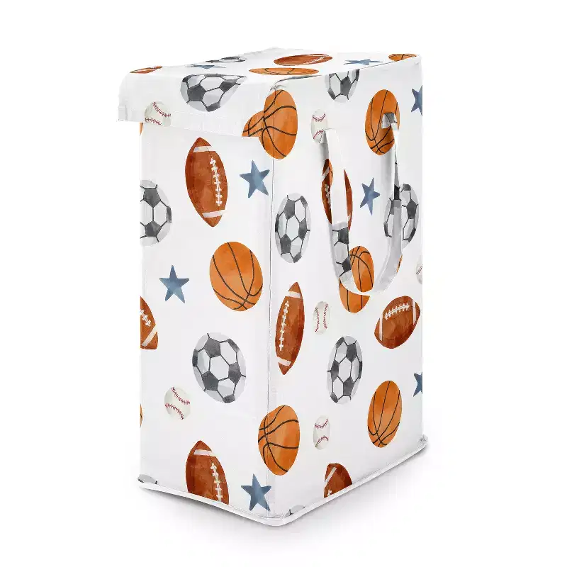 Boy Foldable Laundry Hamper with Handles Watercolor Sports Theme Blue Brown and Orange