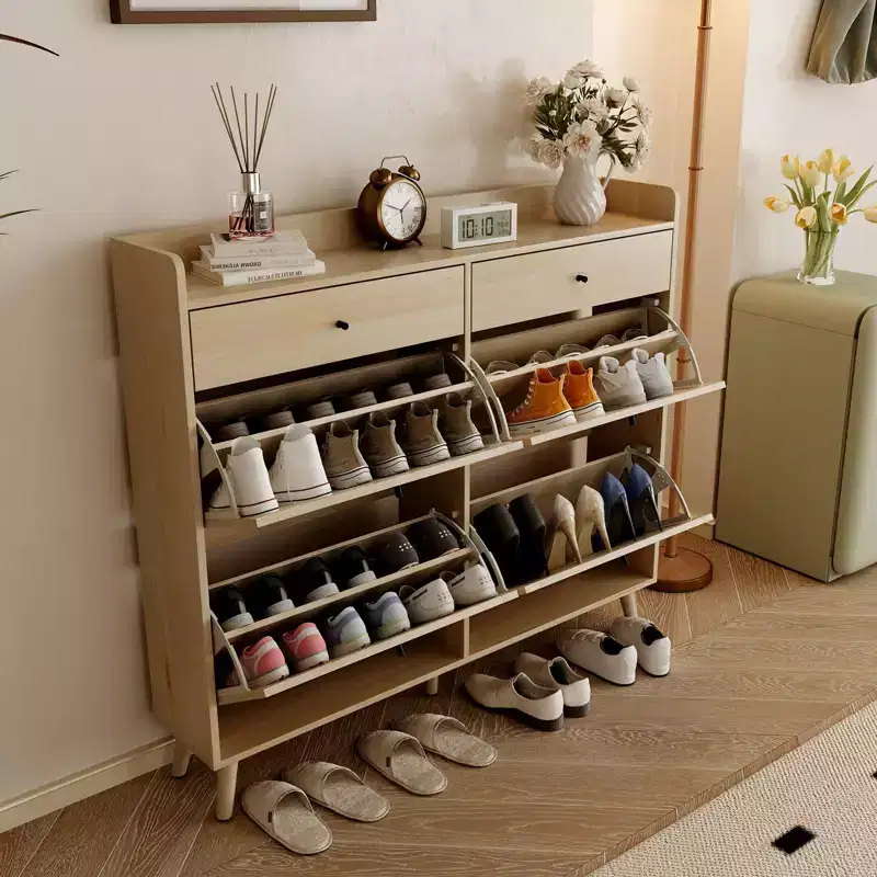 Shoe Cabinet, Farmhouse Narrow Entryway Organizer with 4 Flip-Down & 2 Standard Drawers, Rattan Doors