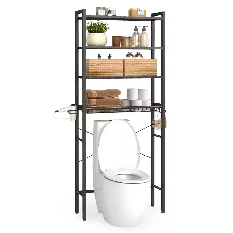 Over the Toilet Storage Organizer with Adjustable Shelves, Basket, Hair Dryer Holder & 3 Hooks