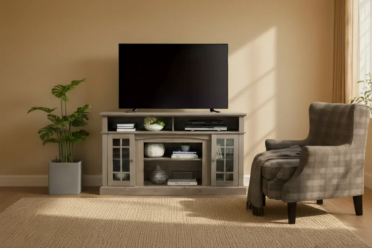 Classic TV Stand for TVs up to 65 Inches, Media Console with Cabinets and Open Shelves, Gray