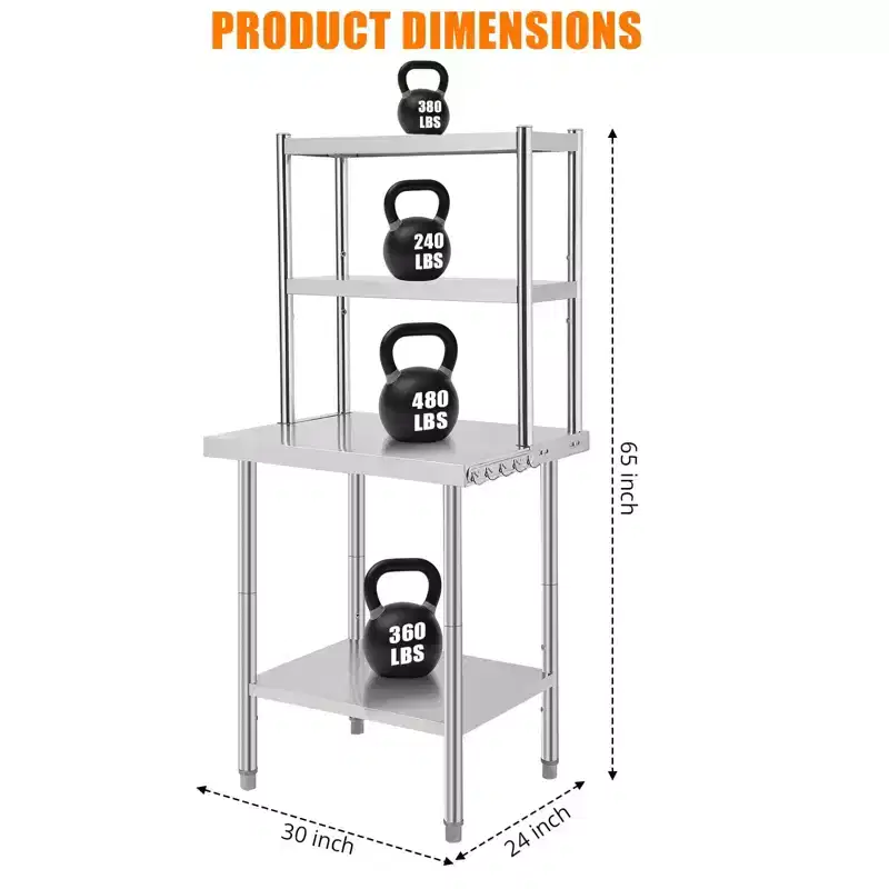 Adjustable Stainless Steel Work Table  Commercial-Grade, Overhead Shelves & Hooks, 6567 Height  Choose Size