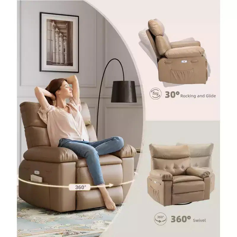 Extra-large massage and heated rocking chair, 360 rotating recliner, with remote control, cup holder and side pockets, ergonomically designed.