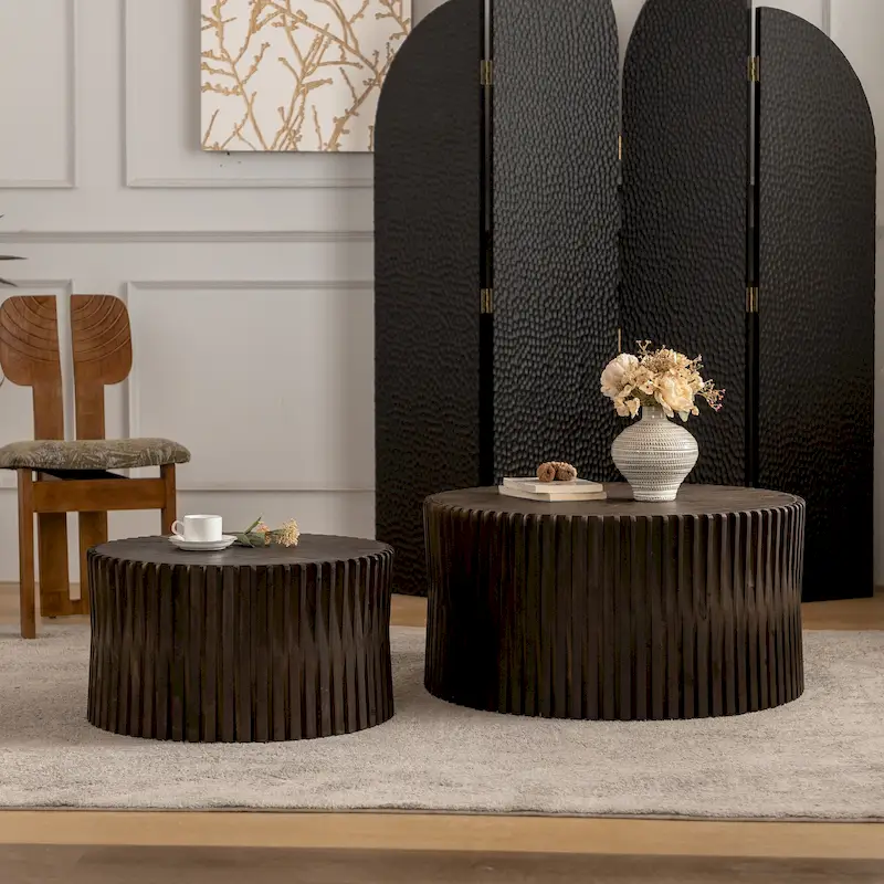 Coffee Table Set with Vertical Textured Embossed Design for Living Room (Set of 2)