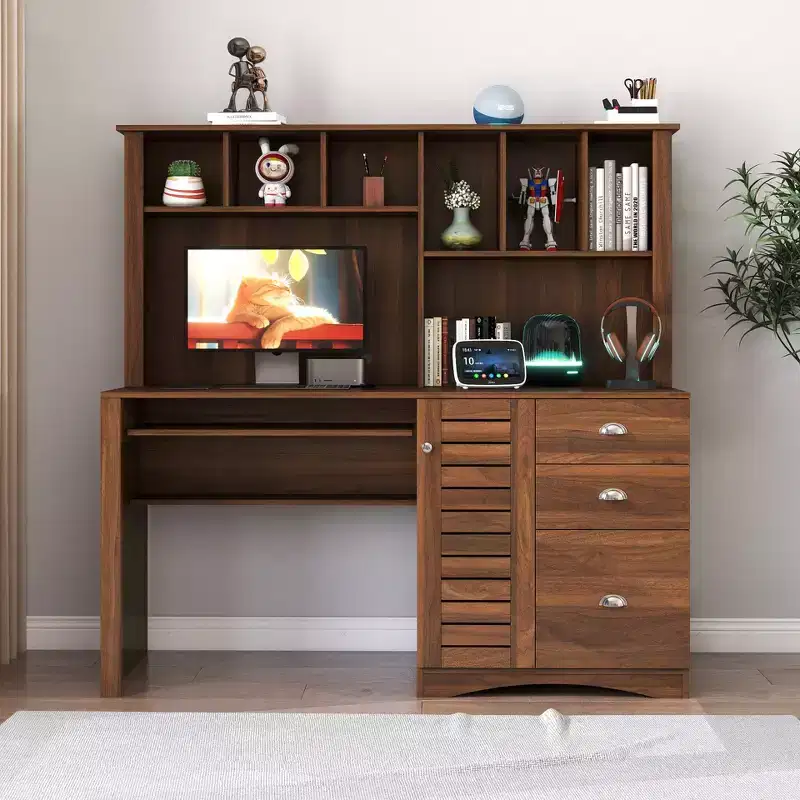 Rustic Home Office Desk with Hutch, 2-Tier Open Shelf, Farmhouse Style Writing Desk