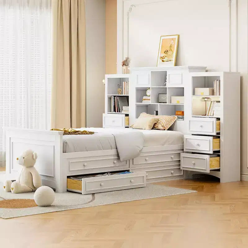 Twin Size Wood Platformbed with Vertical All-in-One Cabinet and 4 Drawers on each side White