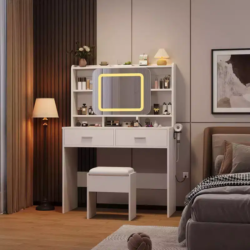 Dressing Table Glam Vanity Set with Sliding Mirror & Stool, Vanity Desk with Mirror Features 3-Color LED Lights