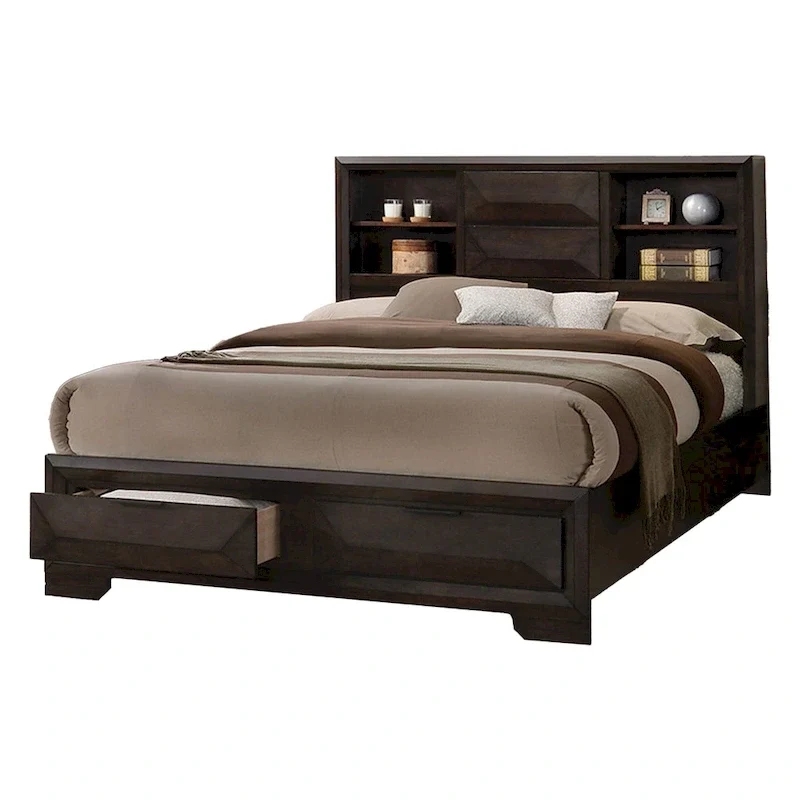 King Bed with Bookcase Headboard & 2 Footboard Drawers – Espresso Brown & Black, Solid & Engineered Wood, Single