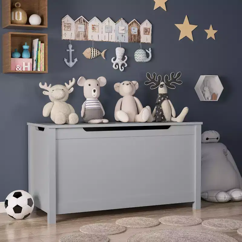 Gray Wooden Toy Storage Chest with Safety Hinged Lid, for Ages 2+, 1-Person Assembly