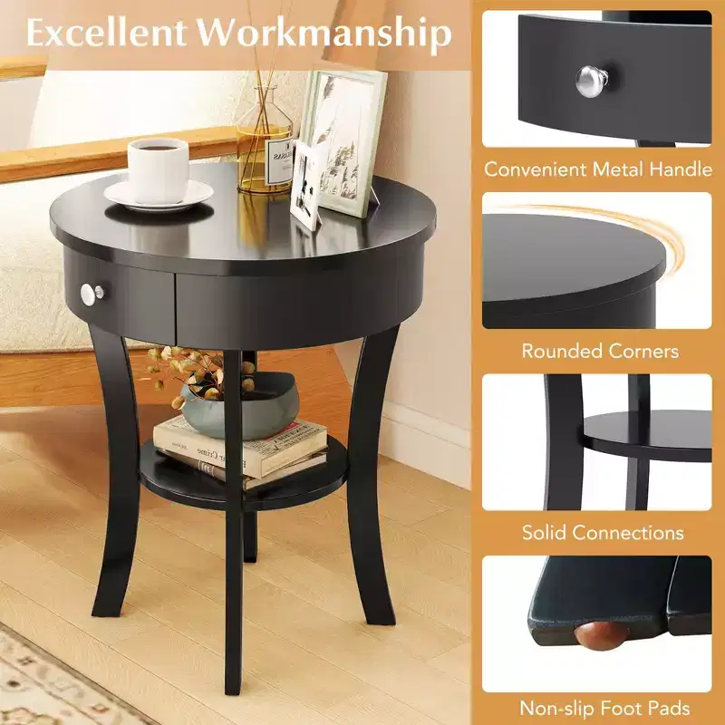tier Side End Sofa Table Round Nightstand Bedroom Living Room White/Espresso/Black