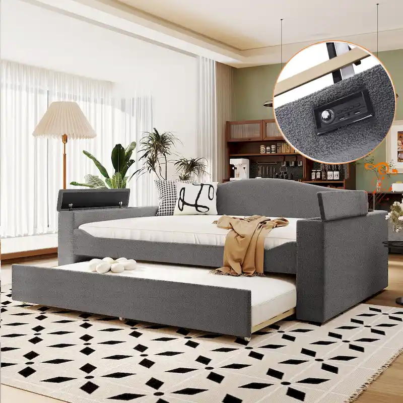 Twin Size Upholstered Daybed with Storage Armrests, Trundle and Latest Integrated Bluetooth Audio System, Teddy Fleece, Beige
