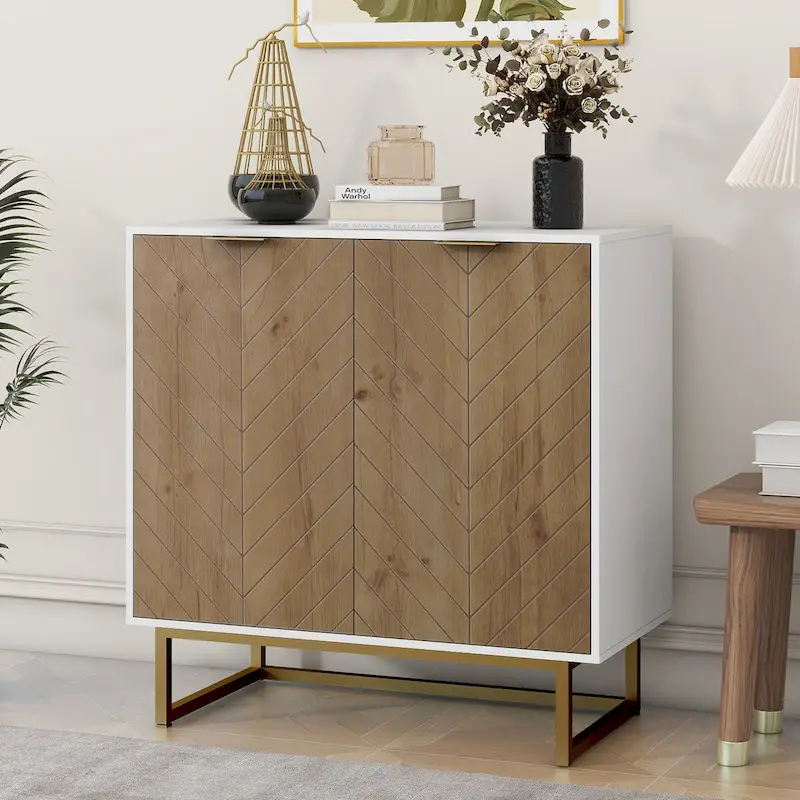 White and Gold Storage Cabinet with 2 Doors, Buffet Sideboard Cabinet, Kitchen Buffet Cabinet with Storage Sideboard Buffet