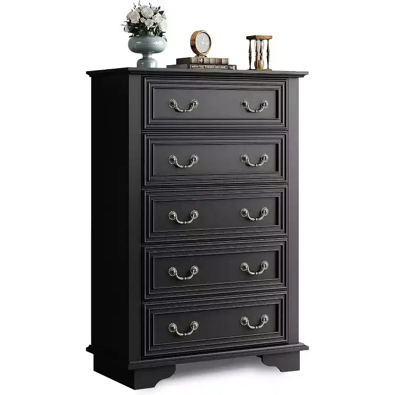 BALHAM TRADE-Tall Wood Dresser with 5 Drawers for Bedroom Chest of Drawers with Roman Metal Handle