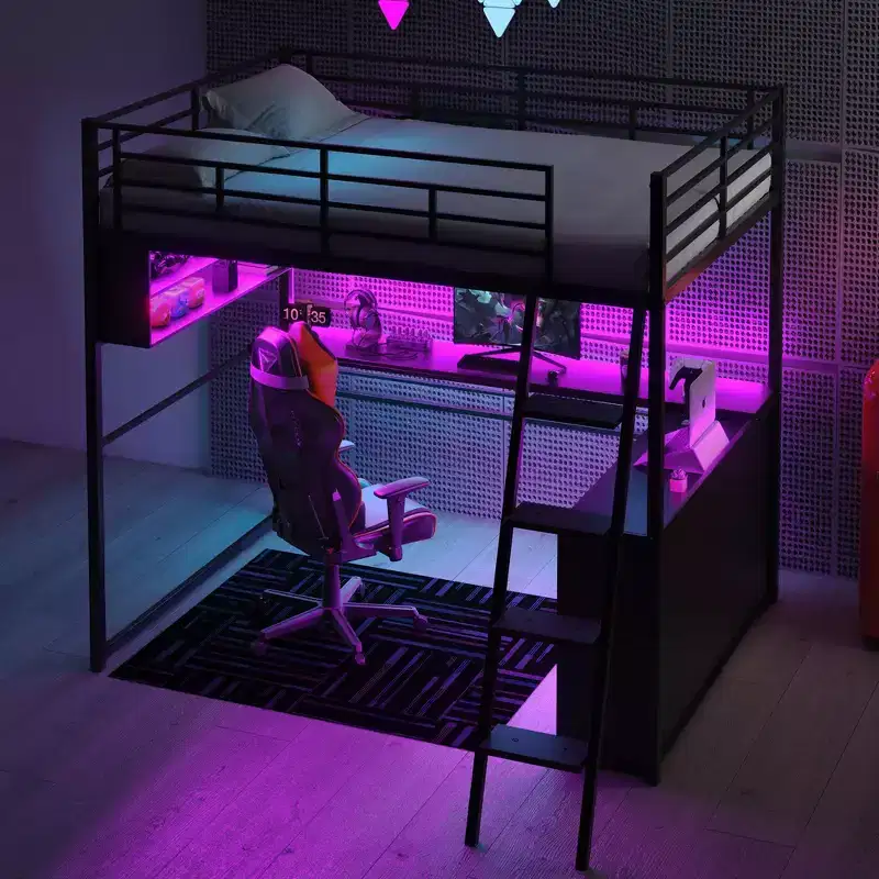 Full Size Metal Loft Bed with LED Lights, Desk & 4 Storage Shelves