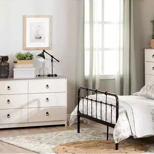 6-Drawer Double Dresser, White Wash & Weathered Oak, Anti-Tip Hardware, 52 Inch Wide