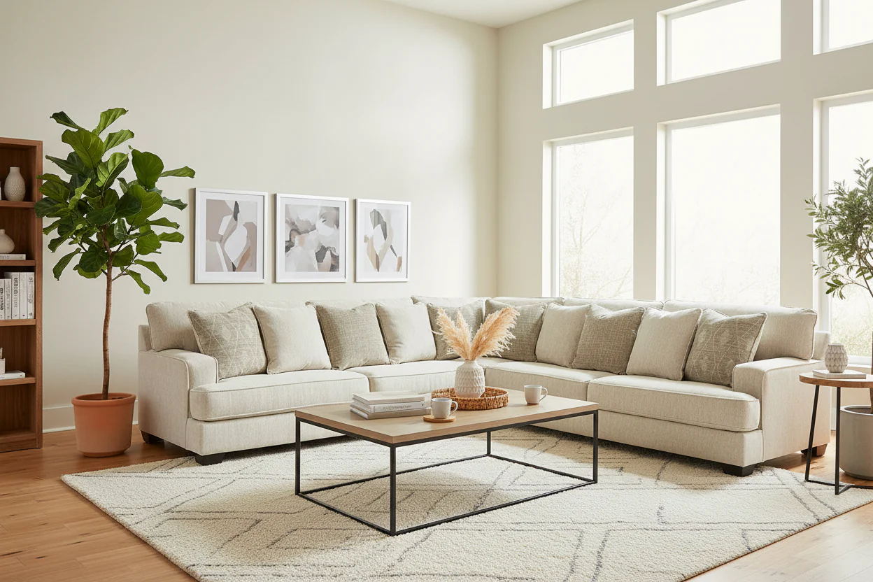 Neutral ivory and beige three-piece sofa set