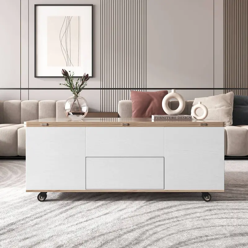 Natural Woven Abaca Storage Coffee Table or End Table, Boho Rattan Style