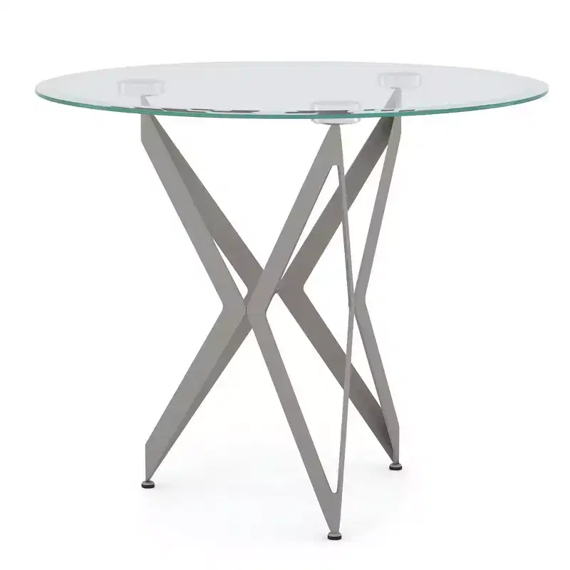 Round Tempered Glass Top End Table, Champagne Steel Frame, 22