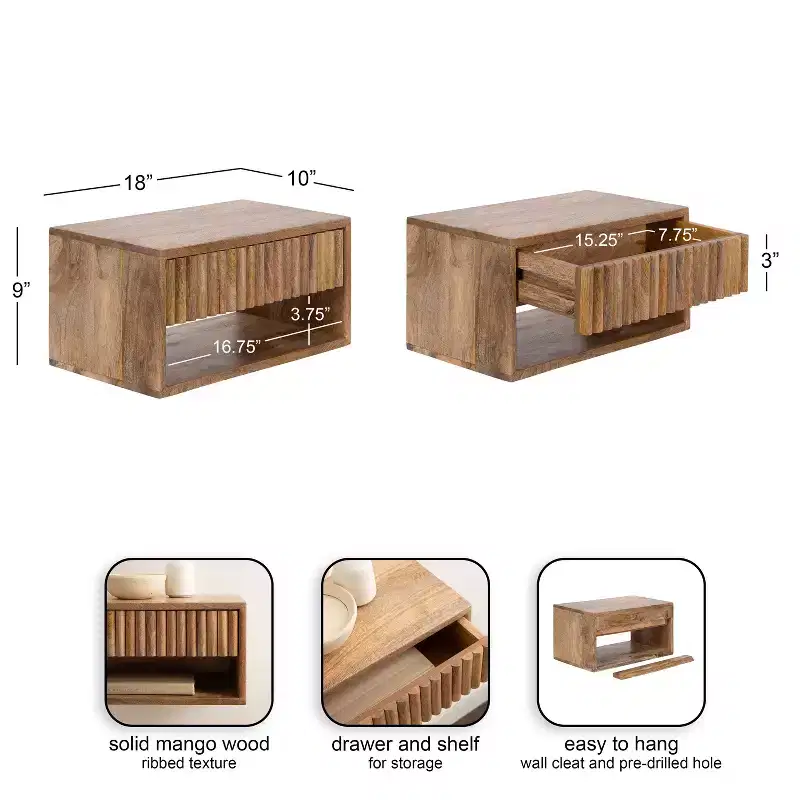 Kate and Laurel Reid Floating Wood Side Table with Open Storage, 18x10x9, Natural