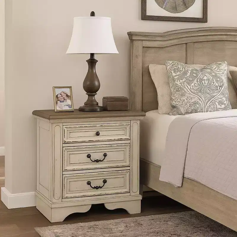 27 Inch Nightstand with 3 Drawers and Built-In Charging Port, Cottage Style