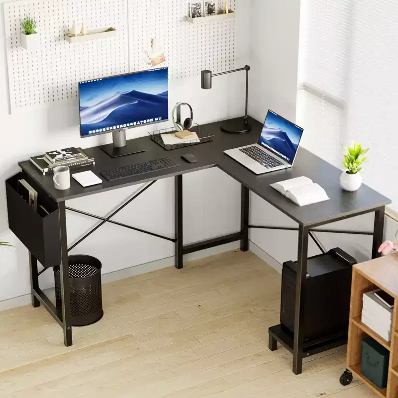 L-Shaped Computer Desk with CPU Storage Shelf and Side Bag 50 Inch Corner Gaming Office Writing Table with Metal Frame-50.00 x 43.30 x 29.50(Black)