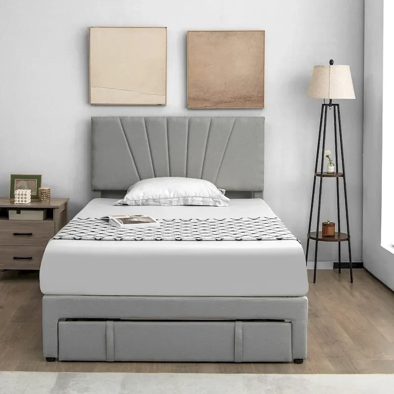 Linen Platform Bed Frame – Grey, Adjustable Headboard, 1 Pull-Out Drawer, Full / Queen, Sleeps 1
