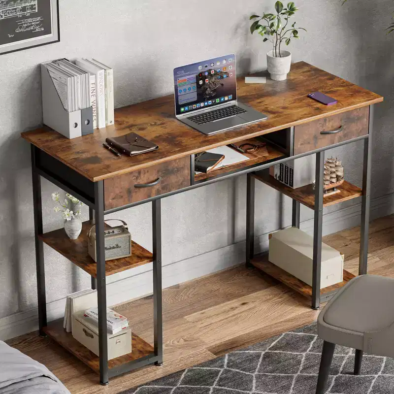 Bestier Computer Desk with Fabric Drawers, Home Office Desk with Storage Shelves, Modern Work Writing Study Table for Bedroom with Adjustable Feet