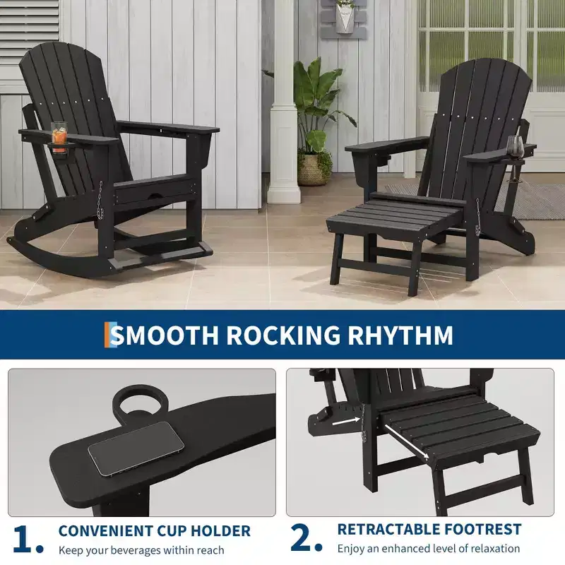 Adirondack Outdoor Rocking Chairs with Two Cup Holders, HDPE All Weather Outdoor Adirondacks Rocking Chair with Retractable Ottoman