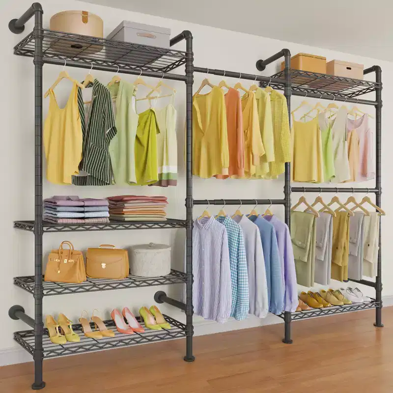 Industrial Pipe Wall-Mounted Clothing Rack with Shelves and Closet Rods