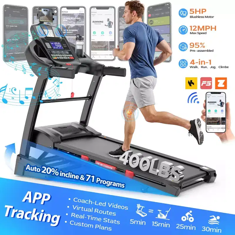 Treadmill Clearance: Portable Folding Treadmill with 20% Adjustable Incline, APP Control, 71 Programs, 300-400 lb Capacity, 12 MPH, Bluetooth Speakers