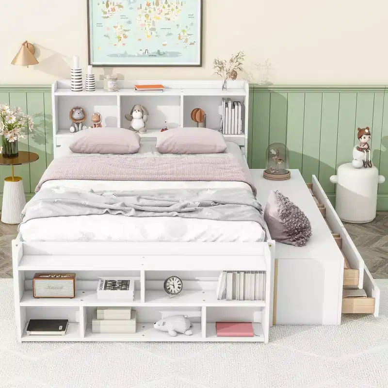 Full Size Solid Wood Bed with Bookcase Headboard, Under-Bed Storage Drawers and Bed End Storage Case, White