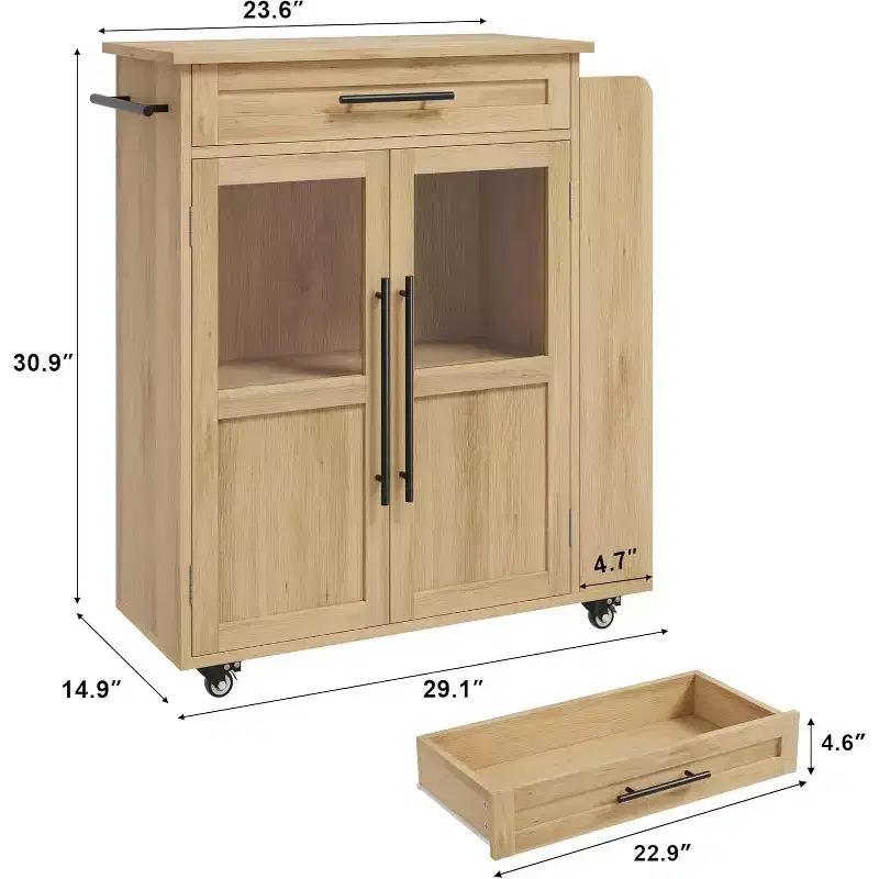 Natural Rolling Kitchen Island Cart with Cabinet & Spice Rack, 1-Person