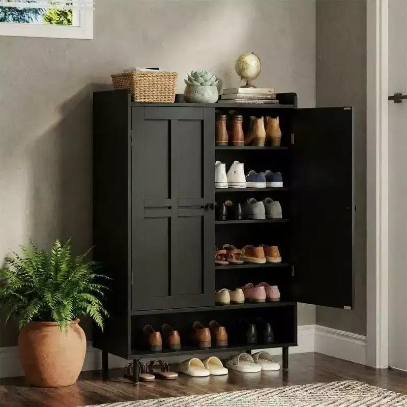 6-Tier Shoe Rack with Profiled Doors, Modern Rustic Shoe Cabinet with 3 Adjustable Shelves and Metal Legs, Entrance & Hallway Furniture