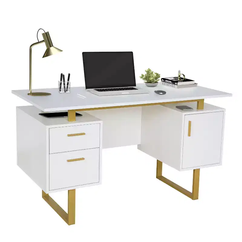 Okak 51.25IN Modern Office Desk with Golden Legs, Standing Desk with 2 Drawer and 1 Cabinet Door, Computer Desk for Living Room, Study, Golden+White