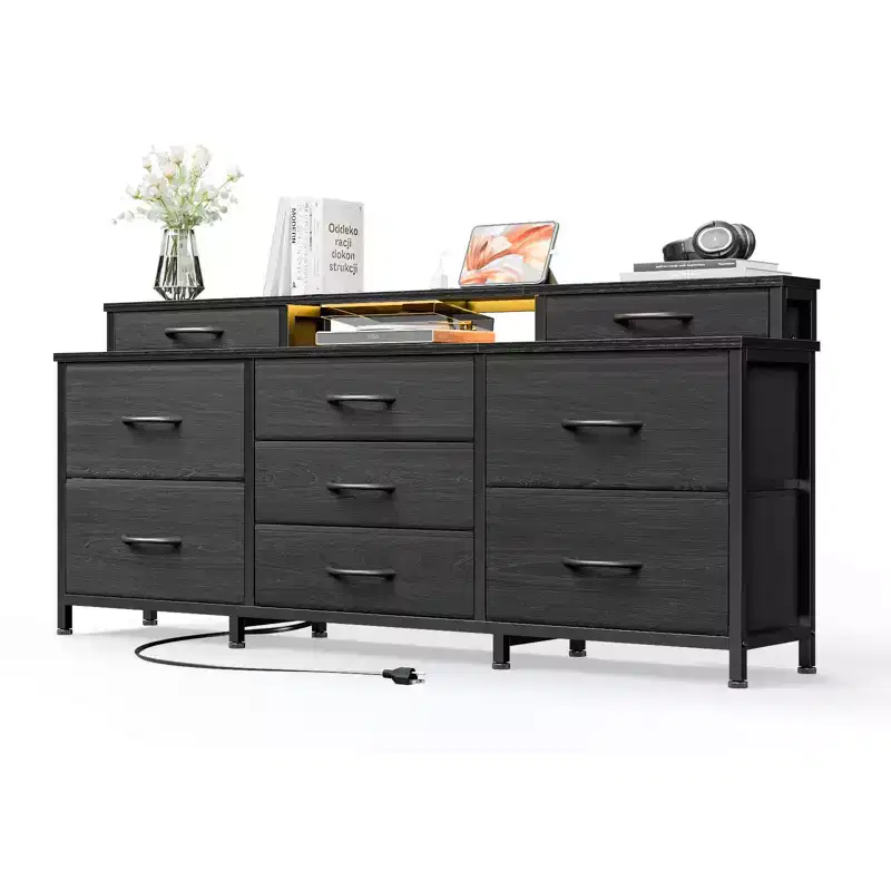 Black LED TV Stand Dresser with Charging Station 9 Fabric Drawers Storage Chest Wide Media Entertainment Center Shelves Bedroom Dorm Organizer