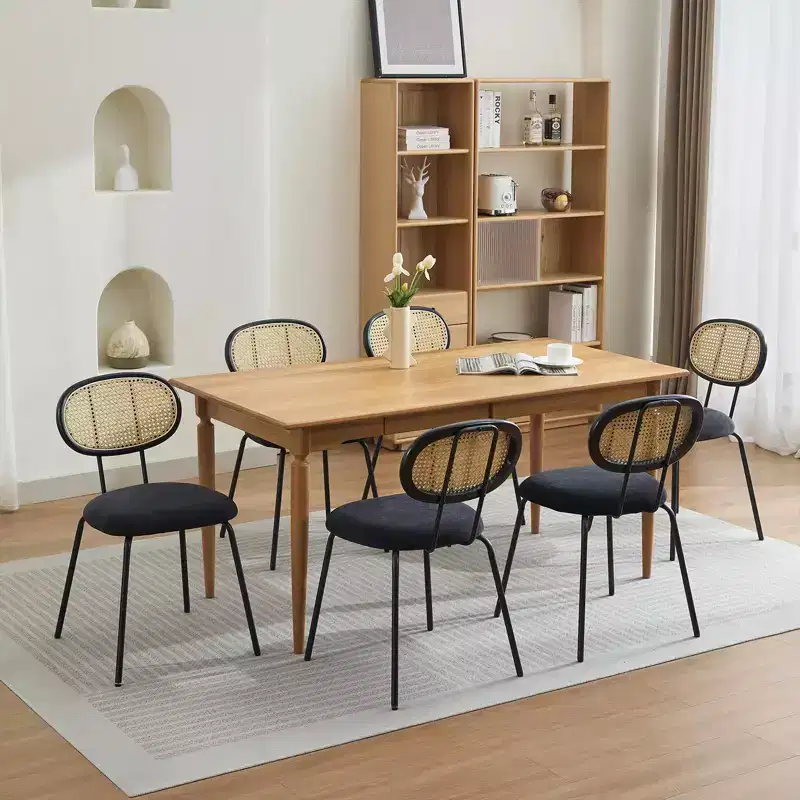 Set of 2 Metal Dining Chairs, Modern Upholstered Kitchen Chairs with Woven Grid Back & Sturdy Metal Frame, Farmhouse Style, Black
