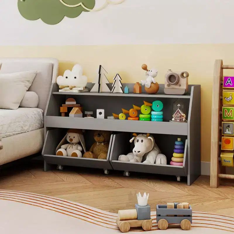 Costway Kids Toy Storage Organizer with 2 Movable Drawers Open Shelf Compartment for Kids Gray/White