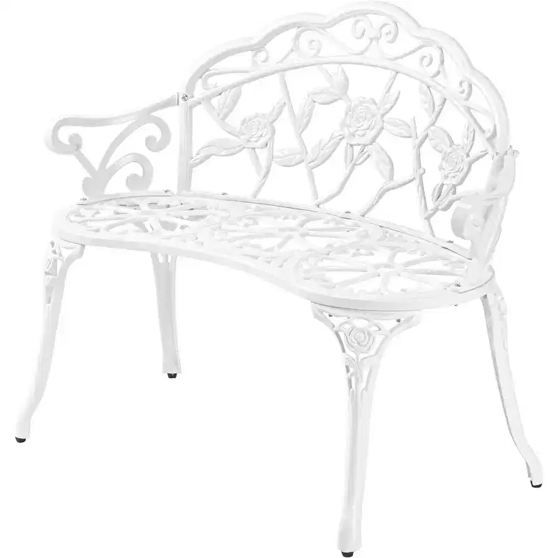VINGLI 38.5 Outdoor Metal Bench, Cast Aluminium Frame Antique Finish Chair, Rose Accented Porch Decor Deck Furniture for 2 Person Seat (White)