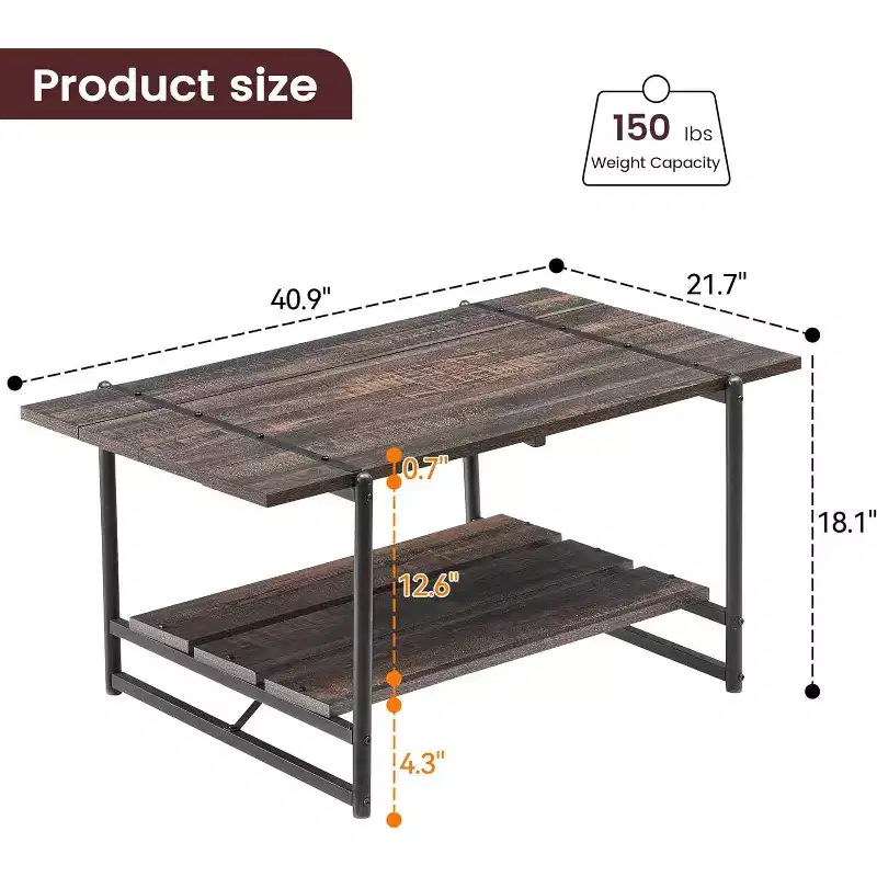 41 Rectangular Coffee Table with 2-Tier Storage, Walnut Brown Top & Black Steel Frame, Sturdy & Space-Saving for Living Room, Office, Apartment