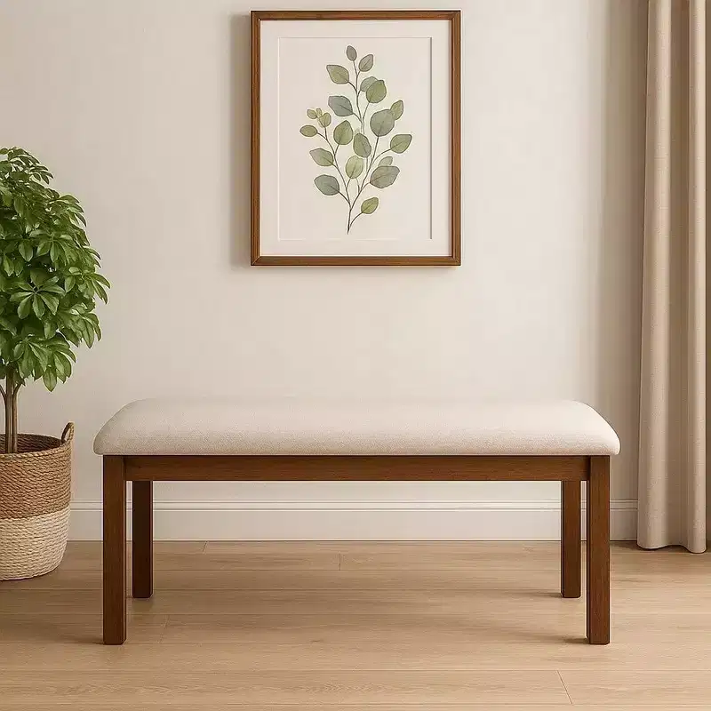 Royal Hampton 48 Inch Classic Fabric Upholstered Dining Bench, Pine Wood, Ivory and Brown