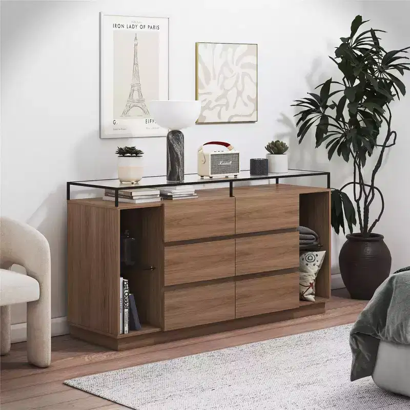 RealRooms Devon 6-Drawer Dresser with LED Lights and Glass Top