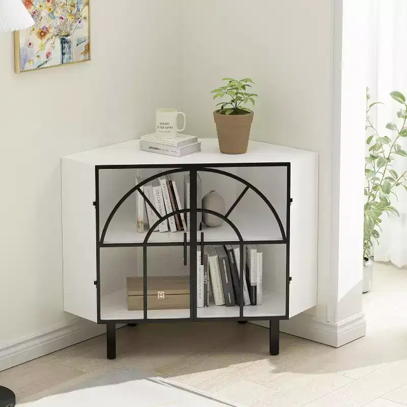 Acekool Corner Cabinet, 2-Door Sideboard with Metal Frame and 2-Tier Shelves, Storage Organizer for Living Room, Kitchen, Bedroom, Bathroom, White