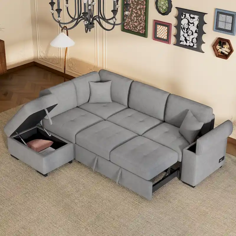 84.75  L-Shape 5 Seat Sectional Sofa with Pull-Out Bed, Storage Ottoman, Hidden Arm Storage & USB Charging