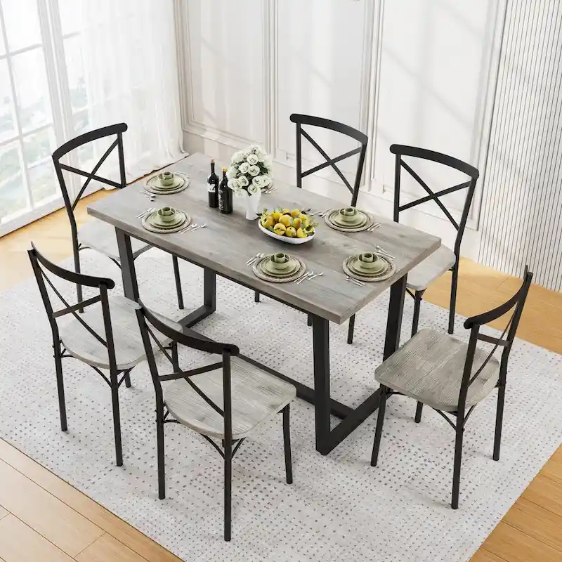 Modern Style Dining Table with Rectangular Table and 6 Cross Back Dining Chairs