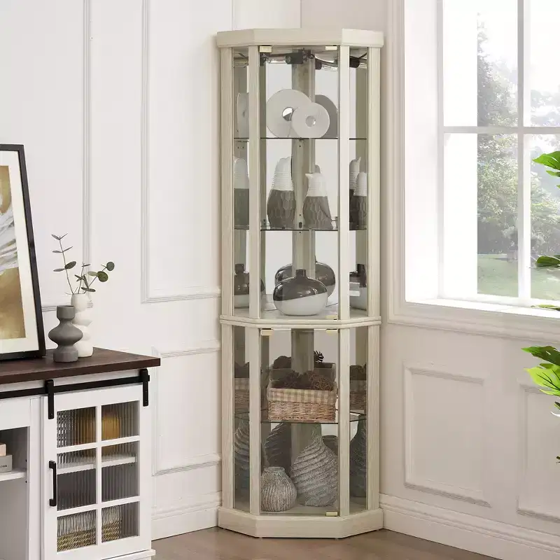 Lighted Corner Curio Cabinet with Tempered Glass Door & LED Display